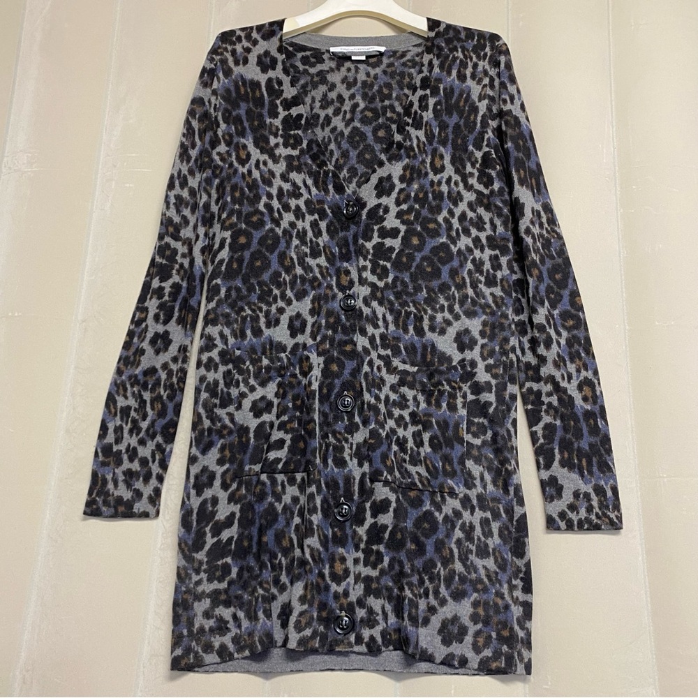 Diane von Furstenberg DVF Womens Sweater Cardigan Medium Wool Blend Animal Print
